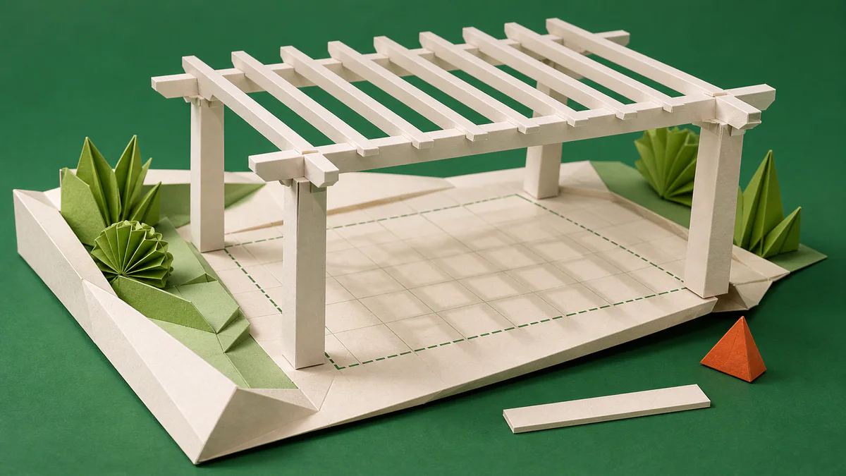 An oversized folded-paper pergola crosses a marked garden boundary, showing the difference between plausible pixels and measured geometry.