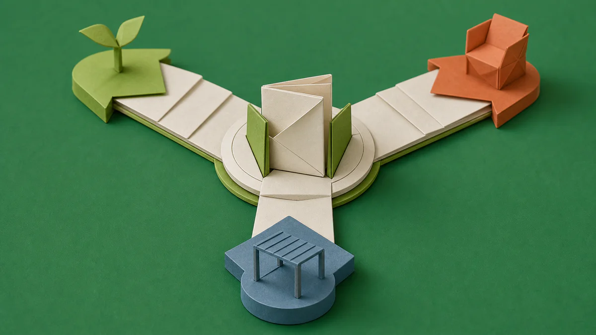 A folded-paper garden brief sits at a three-way decision point, showing how vague preferences block a usable design.